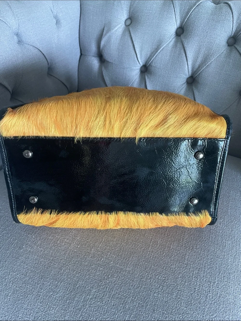 TOUS Black Leather Trim Satchel with Orange Haircalf Front
